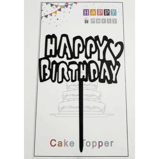 Топпер "Happy birthday” Чорний з серцем, акриловий пластик, 110*160