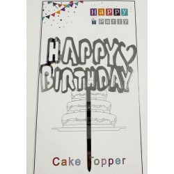 Топпер "Happy birthday” Срібний з серцем, акриловий пластик, 110*160