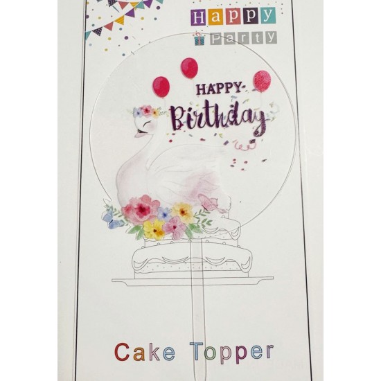 Топпер "Happy birthday” Лебедь прозрачный, акриловый пластик, 110*160