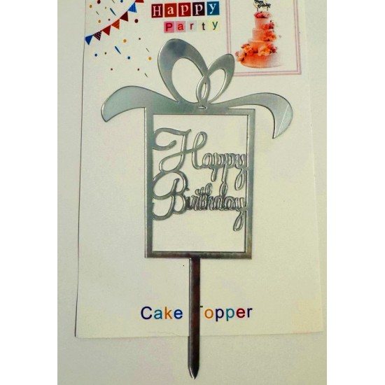 Топпер "Happy birthday” Подарунок срібло, акриловий пластик, 110*160