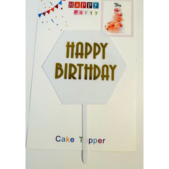 Топпер "Happy birthday” шестигранний білий, акриловий пластик, 110*160