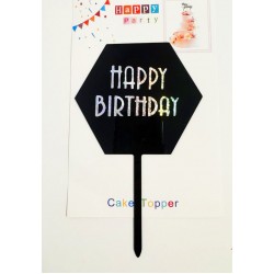 Топпер "Happy birthday” шестигранний чорний срібло, акриловий пластик, 110*160 Топпер "Happy birthday” шестигранний чорний срібло, акриловий пластик, 110*160