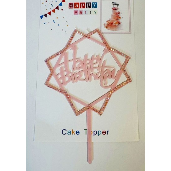 Топпер "Happy birthday” Квадратики, ніжно рожевий зі стразами, акриловий пластик, 110*160