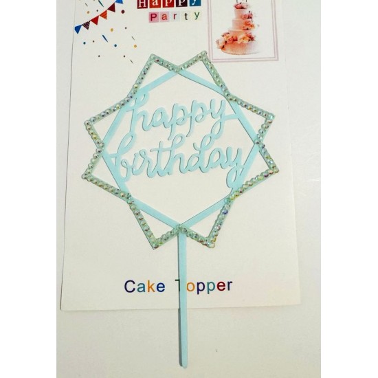 Топпер "Happy birthday” Квадратики, блакитний зі стразами, акриловий пластик, 110*160
