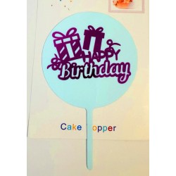 Топпер "Happy birthday” круглий, блакитний з подарунками, акриловий пластик, 110*160