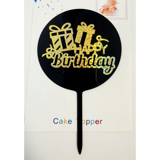 Топпер "Happy birthday” круглий, чорний з подарунками, напис - золота голограма, акриловий пластик, 110*160