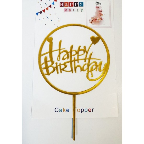 Топпер "Happy birthday” Золотий круг з сердечками, акриловий пластик, 110*160
