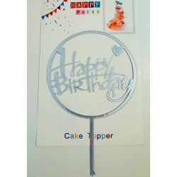 Топпер "Happy birthday” срібний круг з сердечком, акриловий пластик, 110*160