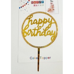 Топпер "Happy birthday” золотий №52 зі стразами, акриловий пластик, 110*160