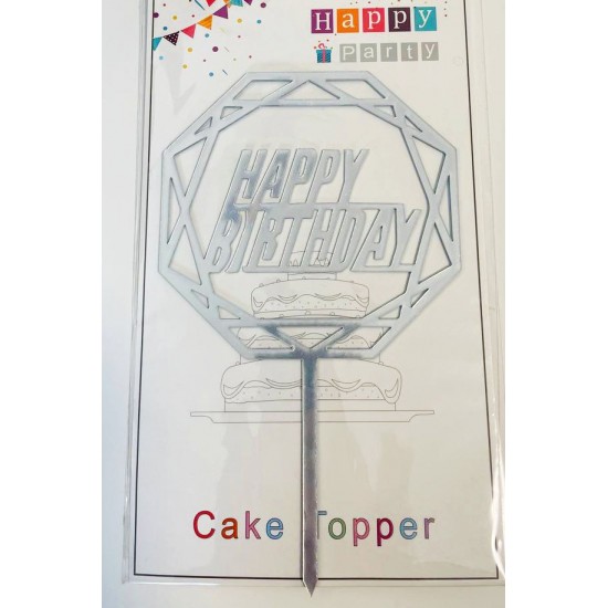 Топпер "Happy birthday” срібний багатогранник, акриловий пластик, 110*160