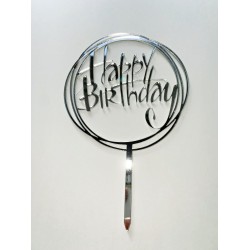 Топпер акриловий срібний "Happy birthday”, Ø100 мм