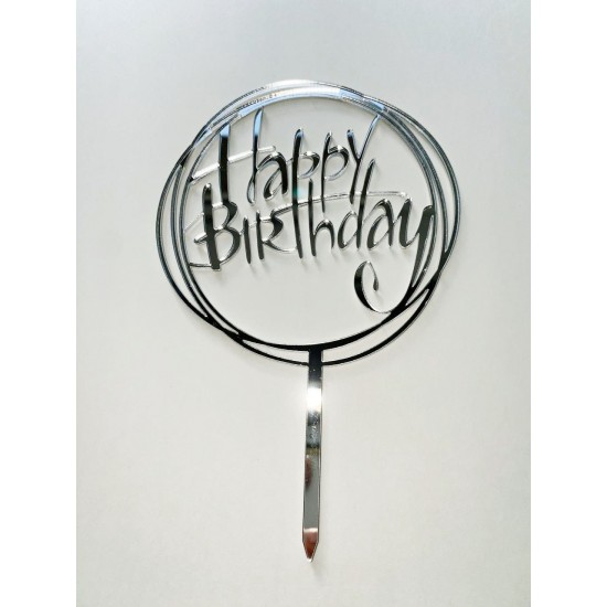 Топпер акриловий срібний "Happy birthday”, Ø100 мм