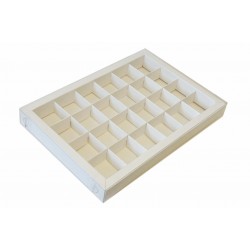 Коробка для 24 цукерок біла, з бортиком і прозорою пластиковою кришкою, 275*190*30