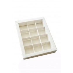 Коробка для 12 цукерок біла, з бортиком і прозорою пластиковою кришкою, 195*150*30