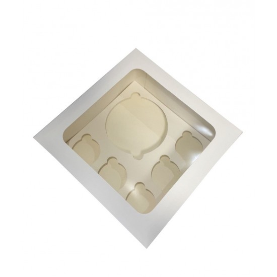 Коробка біла для бенто тортів, п'яти капкейків з віконцем, 250*250*120