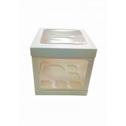 Коробка біла для бенто тортів, п'яти капкейків з віконцем на кришці та додатковим віконцем збоку, 250*250*200