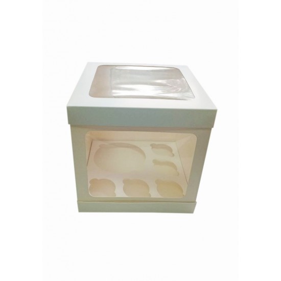 Коробка біла для бенто тортів, п'яти капкейків з віконцем на кришці та додатковим віконцем збоку, 250*250*200